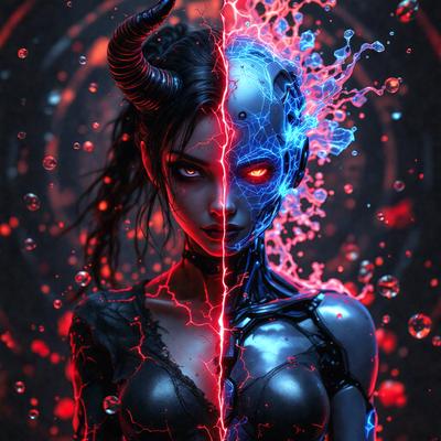 The primary subject of the image is a woman with a demonic appearance, featuring a mix of human and demonic features. She is wearing a black dress and has a demonic face with red eyes. The setting is a dark and ominous environment, with a red background that adds to the demonic atmosphere. The visual style is a digital art or illustration, creating a striking and unique image. The colors and mood are predominantly dark and intense, with the red eyes and demonic features adding to the overall eer